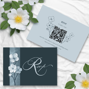 Código QR de RSVP Floral Mão Livre Azul Empoeirado