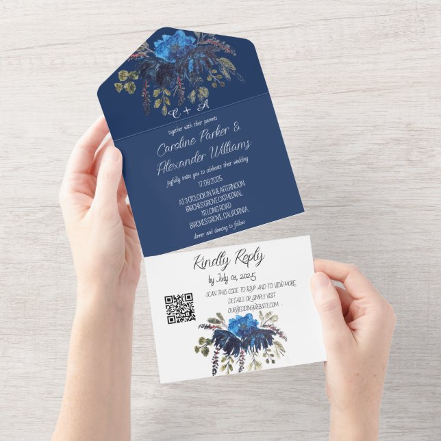 Código QR de RSVP Moderno de Marinho Real Elegante (Aba destacável)
