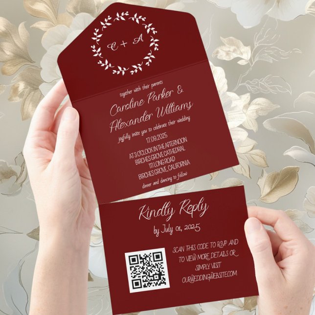 Código QR de RSVP Moderno de Script Burgundy Elega (Criador carregado)