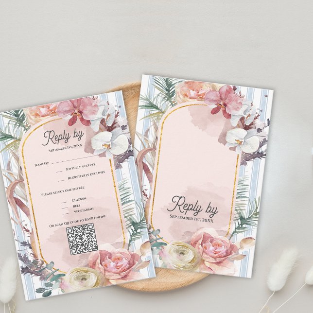 Código QR de RSVP para Casamento em Destino Tropic (Tropical Orchid QR Code RSVP Card | Blush Floral Destination Beach Wedding Response)