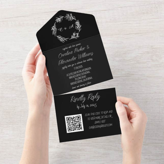 Código QR de RSVP Uniforme de Script Preto Elegant (Aba destacável)