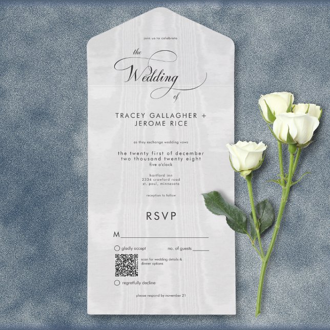 Código QR de Satin Branco Mínimo Moderno Taffeta (Modern Minimal White Satin Taffeta All In One Wedding Invitation with QR Code)