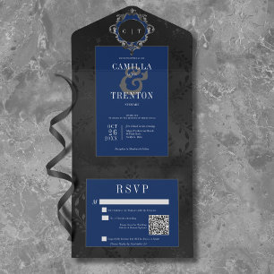 Código QR de Satin Floral Azul e Preto Gótico Escu