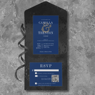 Código QR de Satin Floral Azul e Preto Gótico Escu