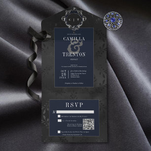 Código QR de Satin Floral Azul e Preto Gótico Escu