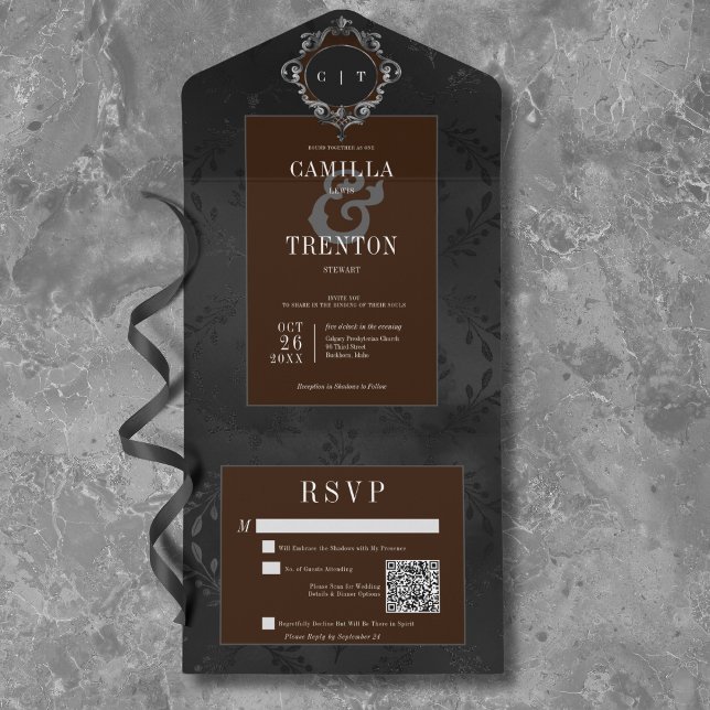 Código QR de Satin Floral Negro e Castanho Gótico  (Dark Gothic Black & Brown Floral Satin QR Code All In One Invitation)