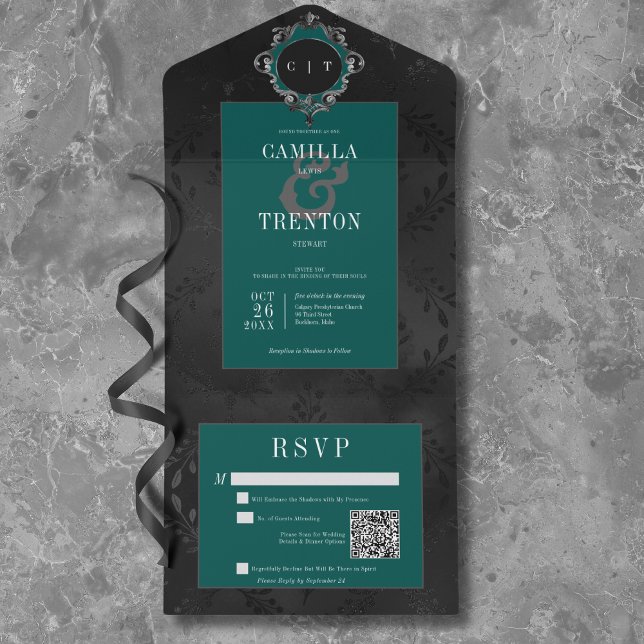 Código QR de Satin Floral Negro e Teal Preto Escur (Dark Gothic Black & Teal Floral Satin QR Code All In One Invitation)