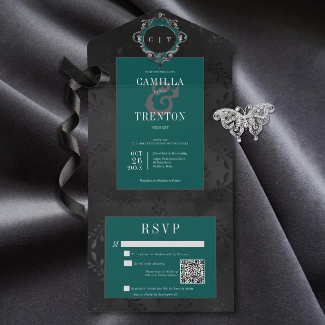 Código QR de Satin Floral Negro e Teal Preto Escur (Also available without a QR code; with or without dinner selection options.)
