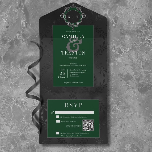 Código QR de Satin Floral Negro e Verde Gótico Esc (Dark Gothic Black & Green Floral Satin QR Code All In One Invitation)