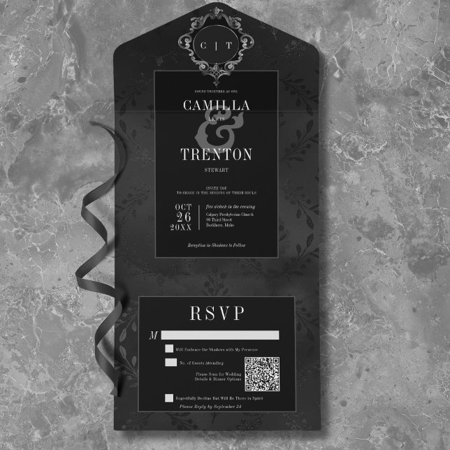 Código QR de Satin Floral Preto e Preto-Gótico Esc (Dark Gothic Black & Black Floral Satin QR Code All In One Invitation)