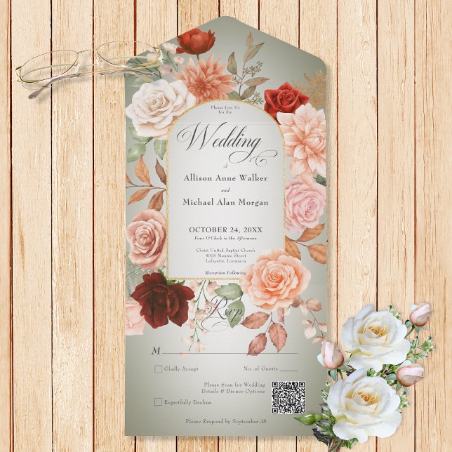 Código QR do Arch Floral Russo Boho Rust e Peach (Also available without a QR code; with or without dinner selection options.)