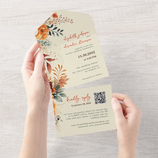 Código QR do casamento Floral Automático Elegante (Aba destacável)