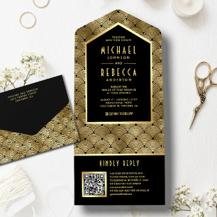 Código QR do Casamento Ondas Art Déco Ouro Negro