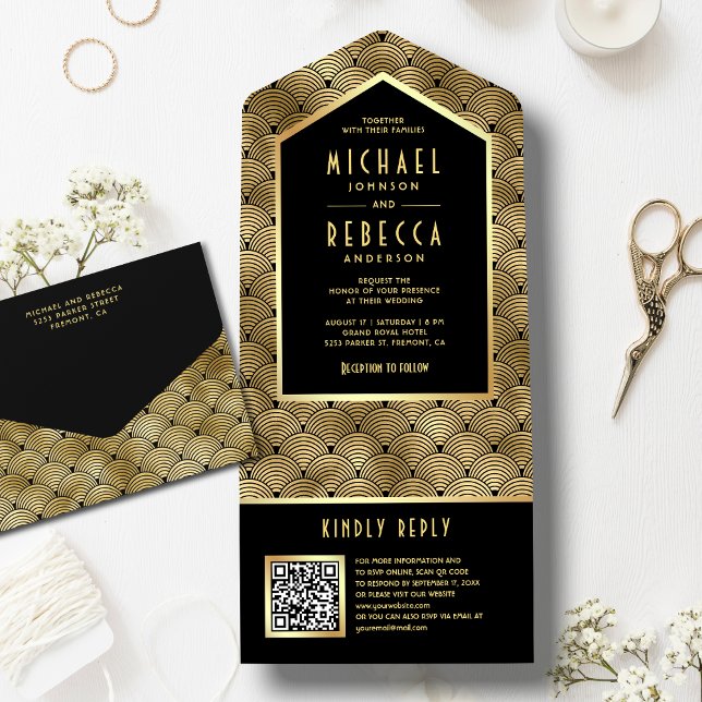 Código QR do Casamento Ondas Art Déco Ouro Negro (Criador carregado)
