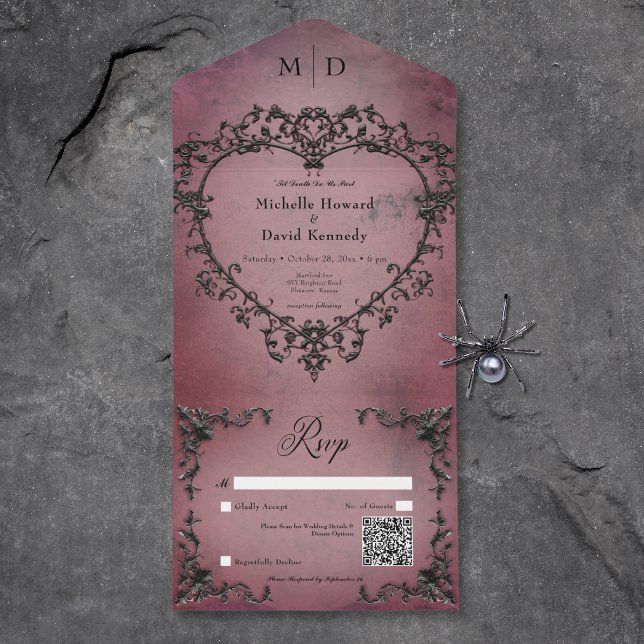 Código QR do Coração de Filigre Gótico Preto e Bor (Gothic Black & Burgundy Filigree Heart QR Code All In One Invitation)