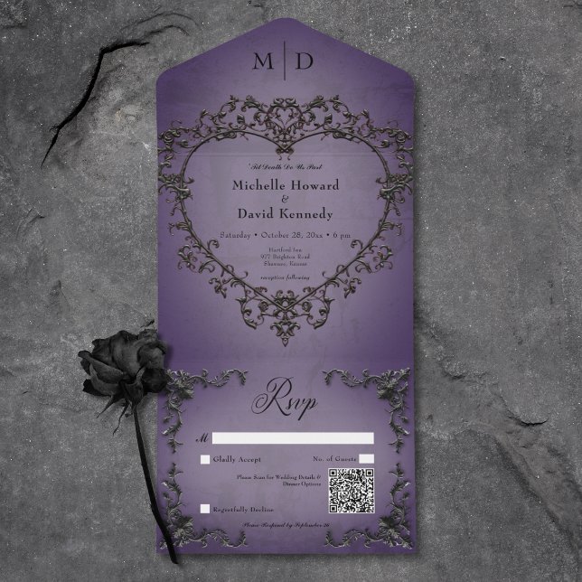 Código QR do Coração de Filigre Gótico Preto e Rox (Gothic Black & Purple Filigree Heart QR Code All In One Invitation)