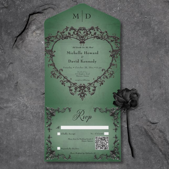 Código QR do Coração Preto e Verde do Filigrão Gót (Gothic Black & Green Filigree Heart QR Code All In One Invitation)