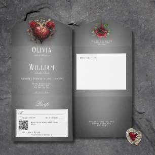 Código QR do Coração Preto Negro Gótico e Rosas ve