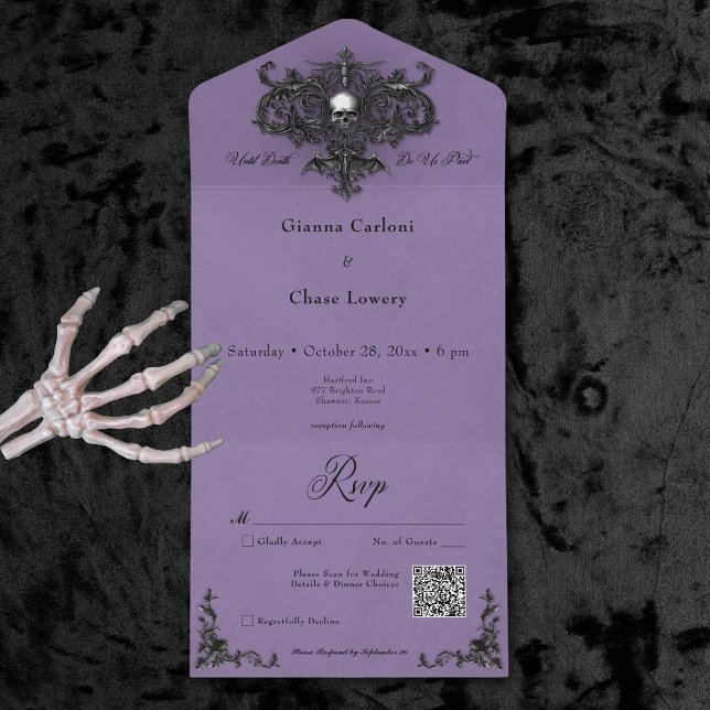 Código QR do Filigre de Halloween Preto e Roxo Gót (Gothic Black & Purple Halloween Filigree QR Code All In One Invitation)