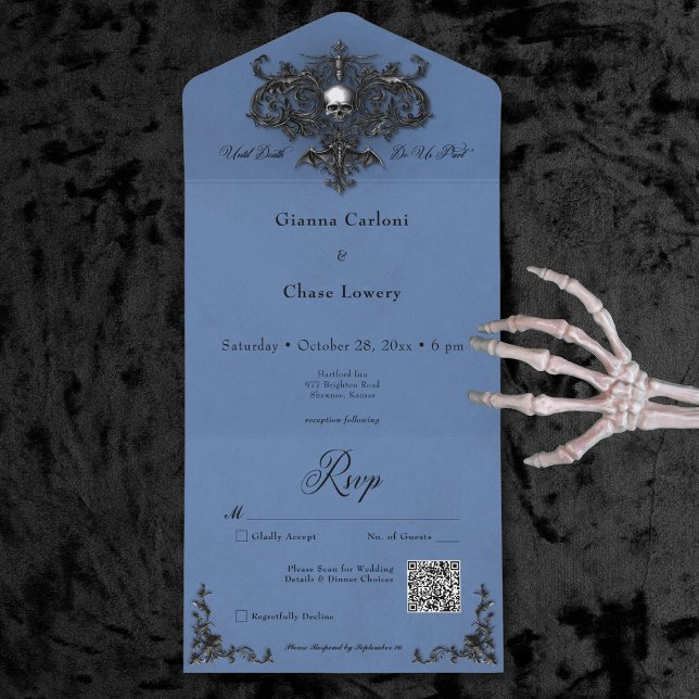 Código QR do Filigre do Halloween preto e azul (Gothic Black & Blue Halloween Filigree QR Code All In One Invitation)