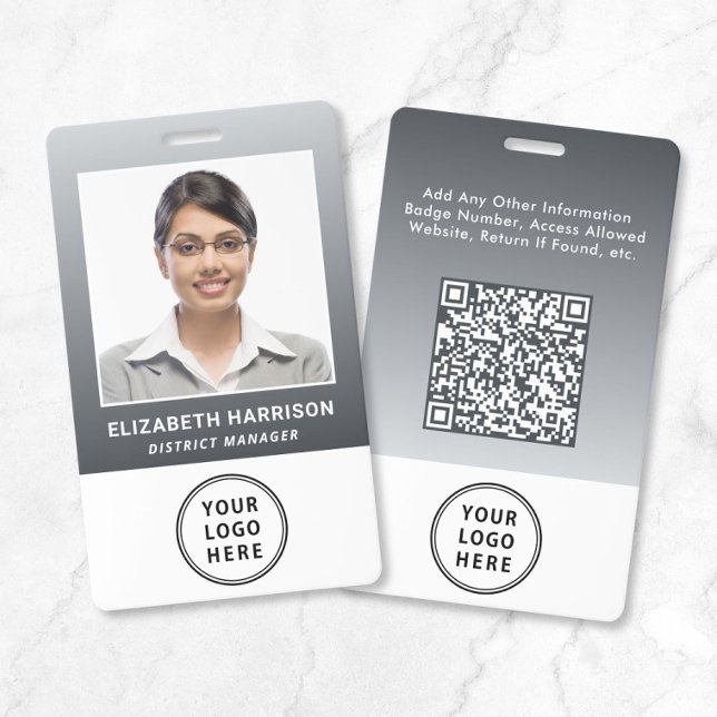 Código QR do Logotipo Empresarial Cinza Crachá de  (Business Logo QR Code Gray Employee Photo ID Badge)