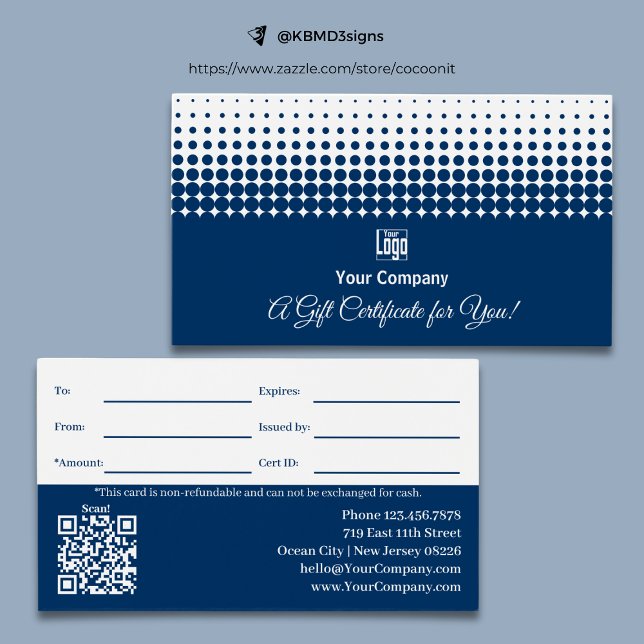 Código QR do logotipo Promo Certificado de Present (Logo QR Code Promo Blue White Gift Certificate, 3.5x2,  Track.ID, Professional)