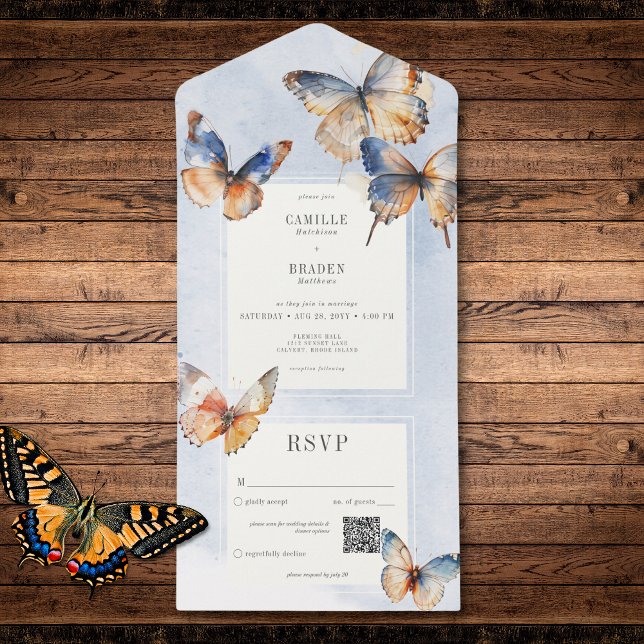 Código QR do Mínimo de Azul & Ferrugem Moderno (Modern Minimal Blue & Rust Butterflies QR Code All In One Invitation)