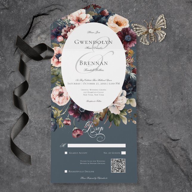 Código QR do Quadro Floral de Oval Azul Escuro (Dark Moody Blue Oval Floral Frame QR Code All In One Invitation)