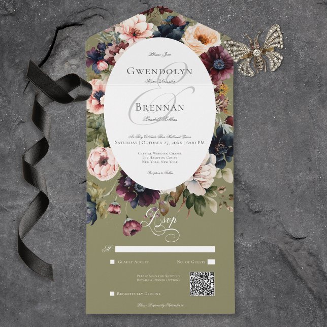 Código QR do Quadro Floral de Oval Verde Escuro (Dark Moody Green Oval Floral Frame QR Code All In One Invitation)