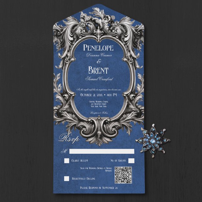 Código QR do Quadro Vitoriano do Moody Azul Gótico (Gothic Blue Moody Victorian Frame QR Code All In One Invitation)