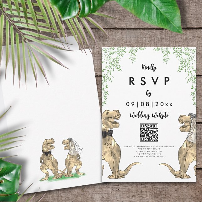 Código QR do Site de Resposta de Casamento do Dino (T-Rex bride and groom dinosaur wedding invitation online RSVP website qr code enclosure card)