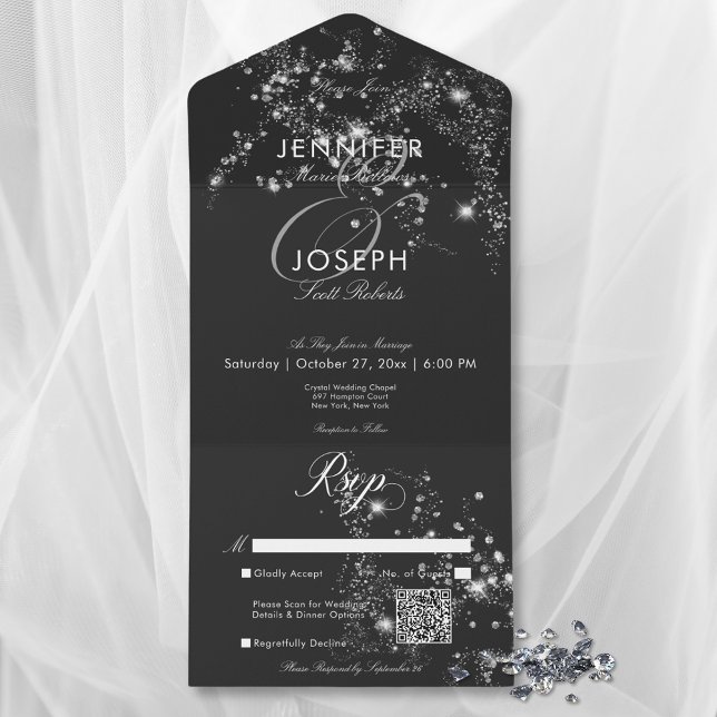 Código QR dos diamantes de preto e branco modernos (Modern Black & White Glam Diamonds QR Code All In One Invitation)