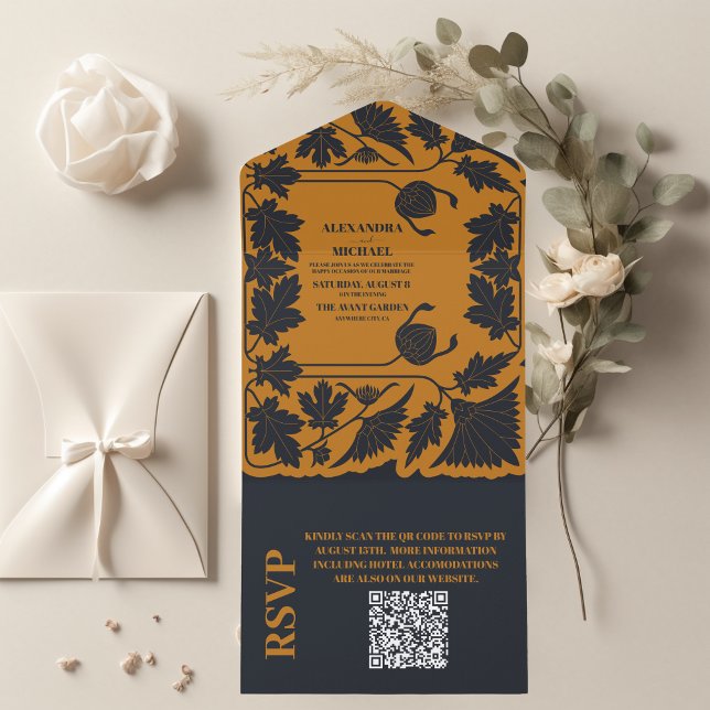 Código QR Dourado Azul Casamento Art Nouveau (Criador carregado)
