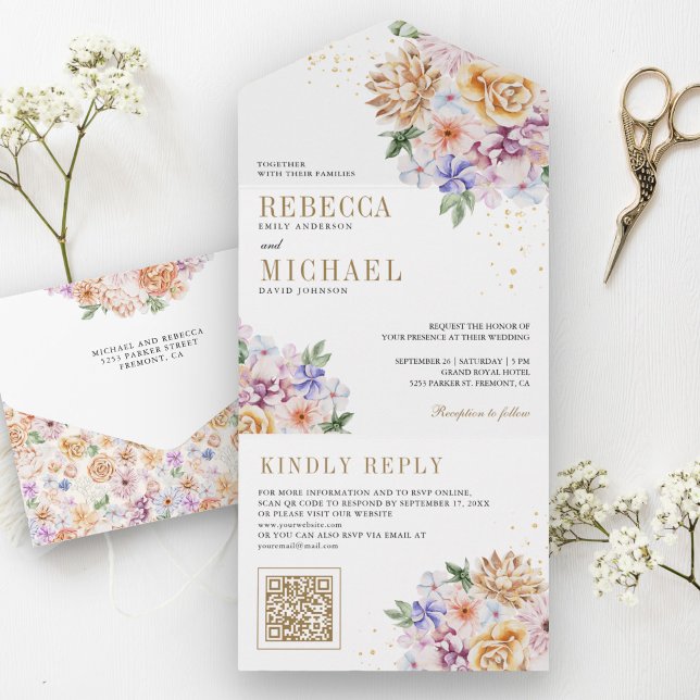 Código QR Dourado de Floral de Primavera em Aquare (Criador carregado)