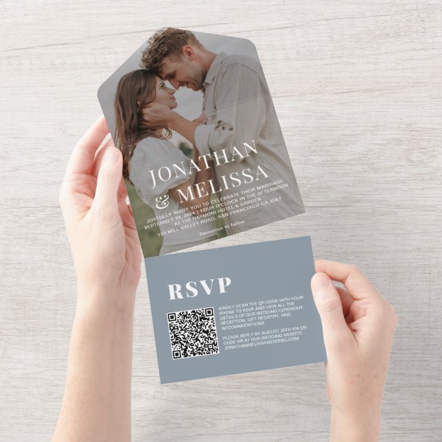 Código QR | Dusty Blue Simple Overlay Casamento Fo (Aba destacável)