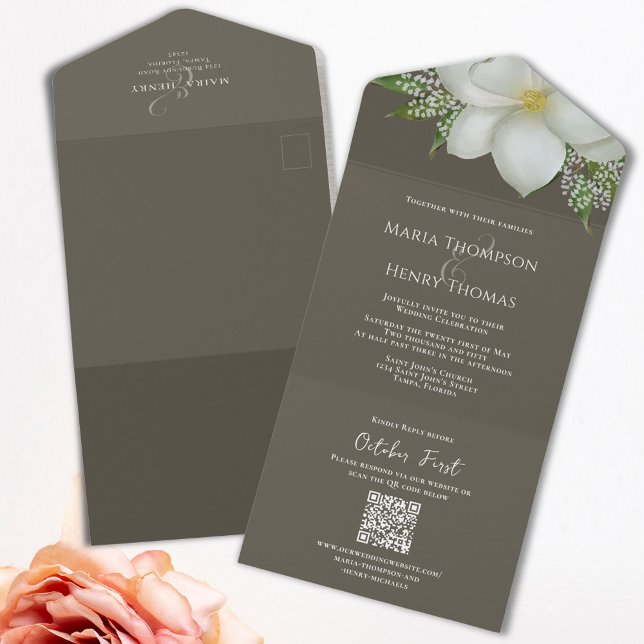 Código QR Elegante RSVP Simples Magnolia Branca On (Elegant QR Code tri-fold magnolia all in one invitation invitation)