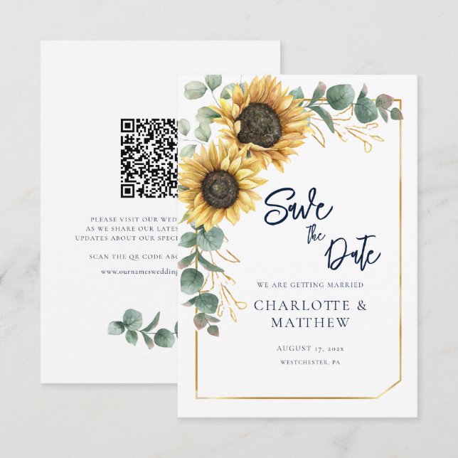 Código QR Flor de Girassol Casamento Salve a Data (Frente/Verso)