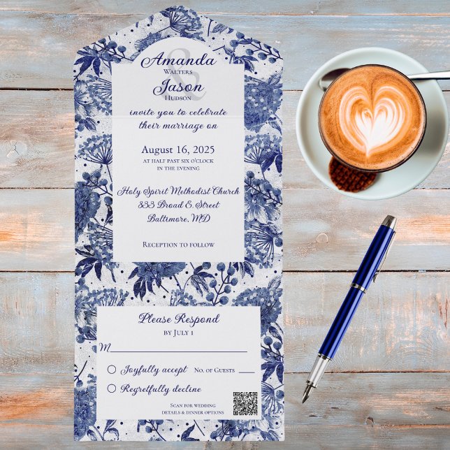 Código QR Floral Azul de Vintage Simples (Criador carregado)