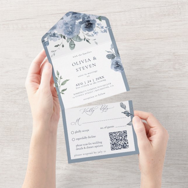 Código QR Floral Azul Dusty Tudo em Um Convite (Aba destacável)