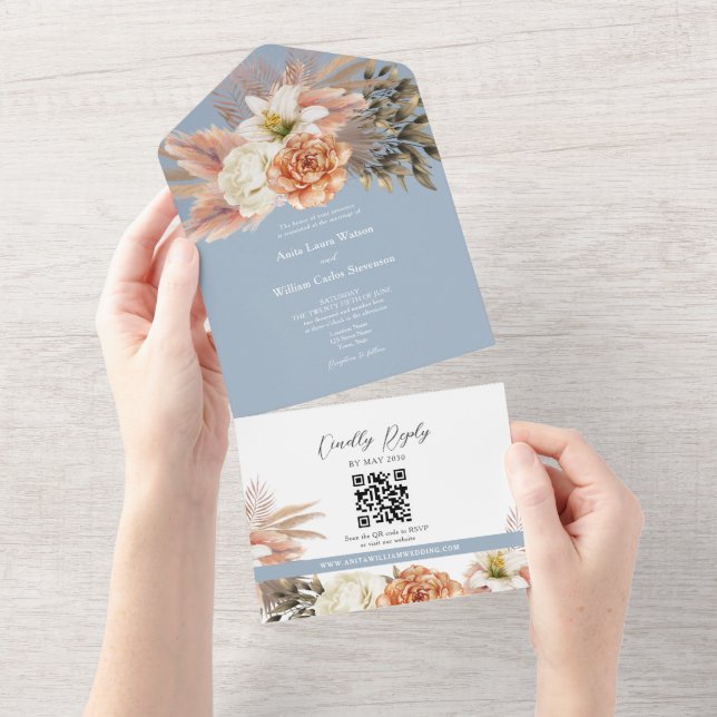 Código QR Floral Azul Empoeirado Casamento (Tearaway)