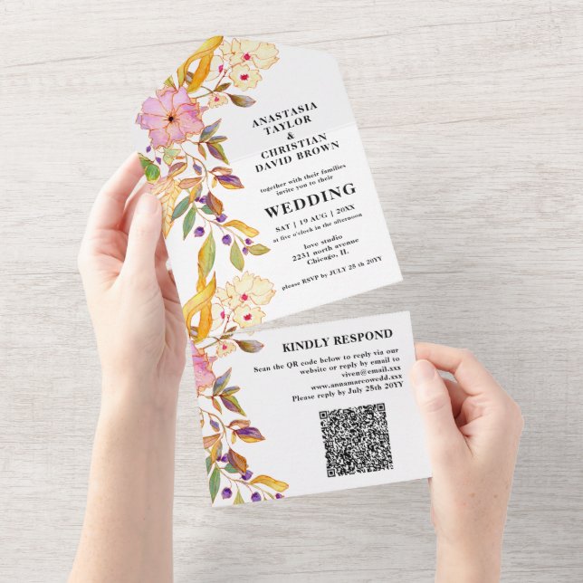 Código QR Floral Beige, Tudo Em Um Convite (Tearaway)