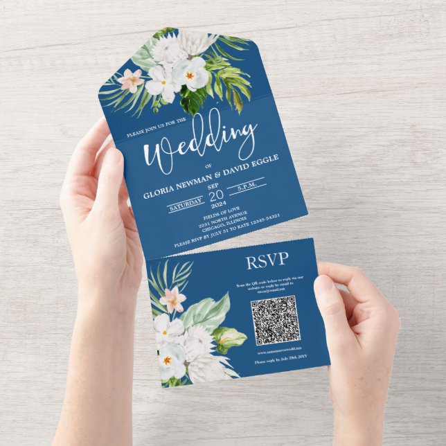 Código QR Floral Clássico Azul, Tudo em Um Convite (Aba destacável)