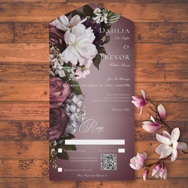 Código QR Floral de Borgonha Escuro e Cream Blur (Dark Elegant Burgundy & Cream Blur Floral QR Code All In One Invitation)