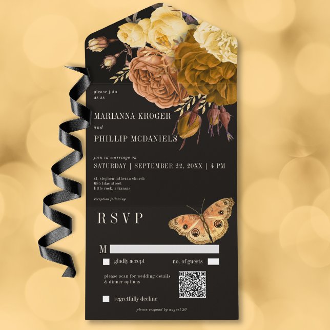 Código QR Floral de outono Preto-Escuro (Dark Moody Black Autumn Floral QR Code All In One Invitation)