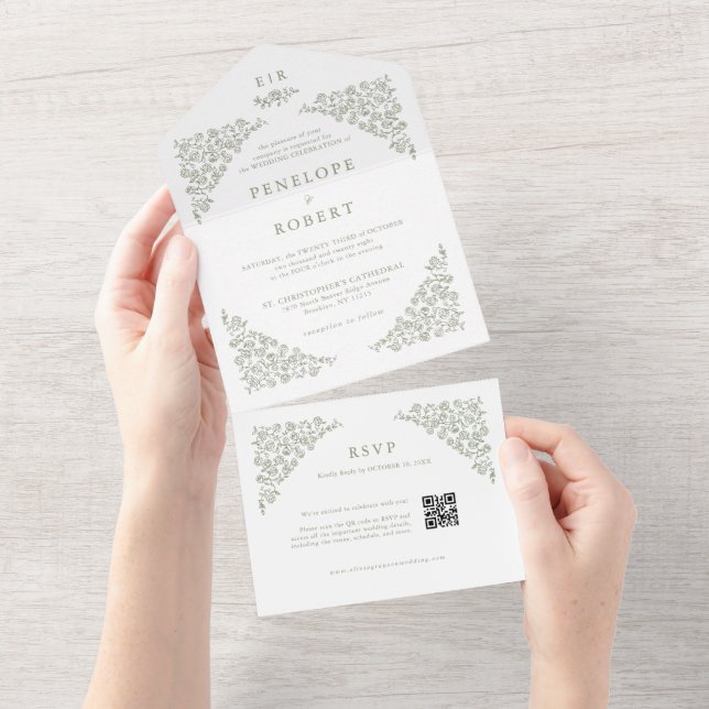 Código QR Floral Delicado Simples Verde Sage Casam (Tearaway)