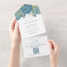 Código QR Floral Elegante de Hortênsias Azuis para
