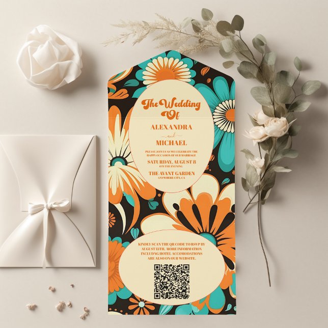 Código QR Floral Groovy Casamento Retro (Criador carregado)