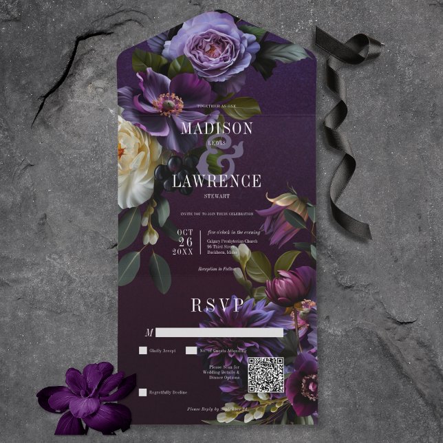 Código QR Floral Púrpura e Branco do Moody (Dark Moody Purple & White Floral All In One Wedding Invitation with QR Code)