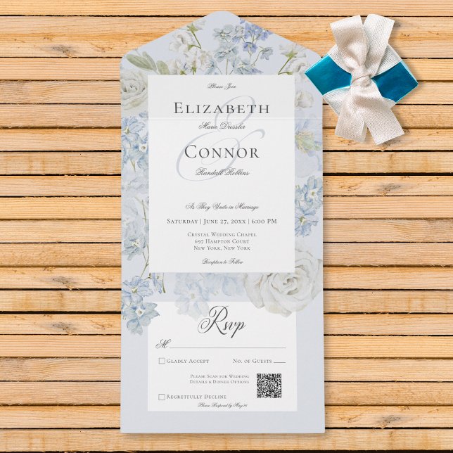 Código QR Floral Romântico Azul e Jardim Branco (Romantic Soft Blue & White Garden Floral QR Code All In One Invitation)