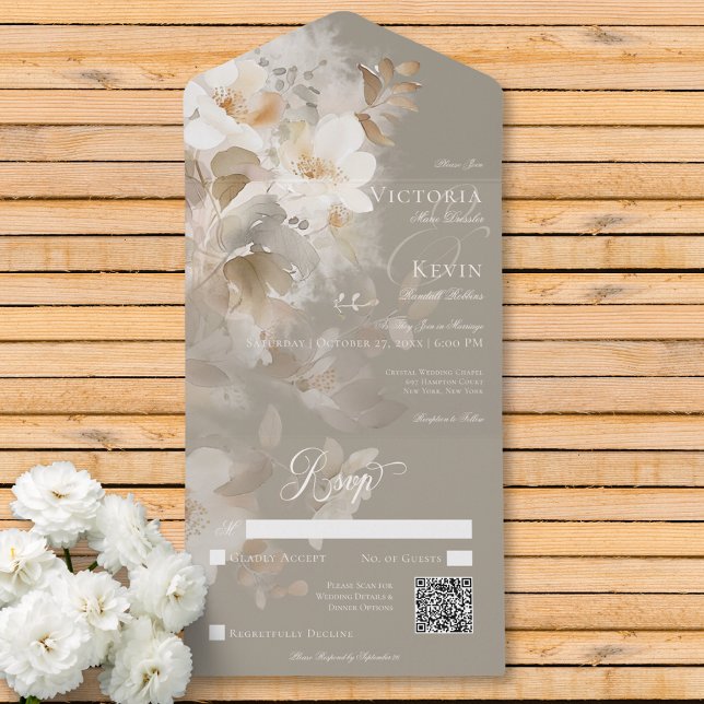 Código QR Floral Romântico do bege Neutro (Romantic Ethereal Neutral Beige Floral QR Code All In One Invitation)